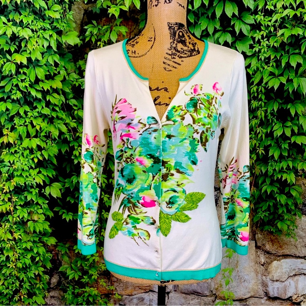 Charlotte Tarantola Floral Print Women's Spring Sweater - White and Green